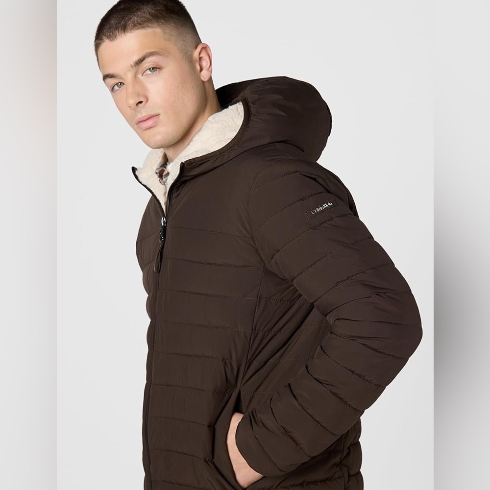Calvin Klein - Men's Hooded Quilted Coat, Sherpa-lined | Brown | L